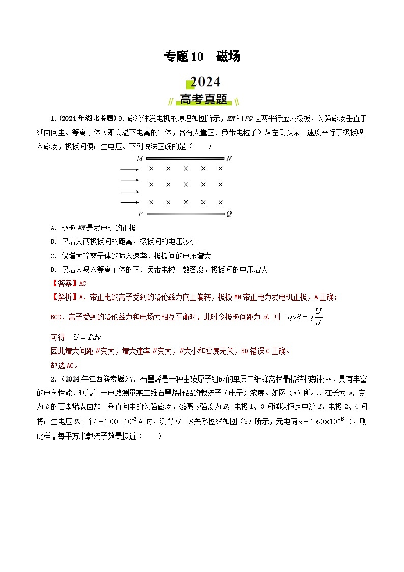 专题10 磁场-2024年高考真题和模拟题物理分类汇编01