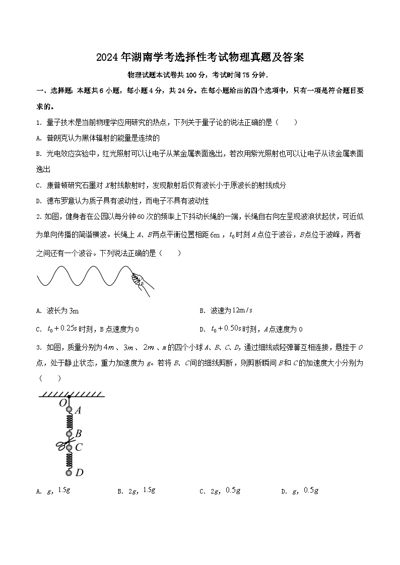 2024年湖南学考选择性考试物理真题及答案