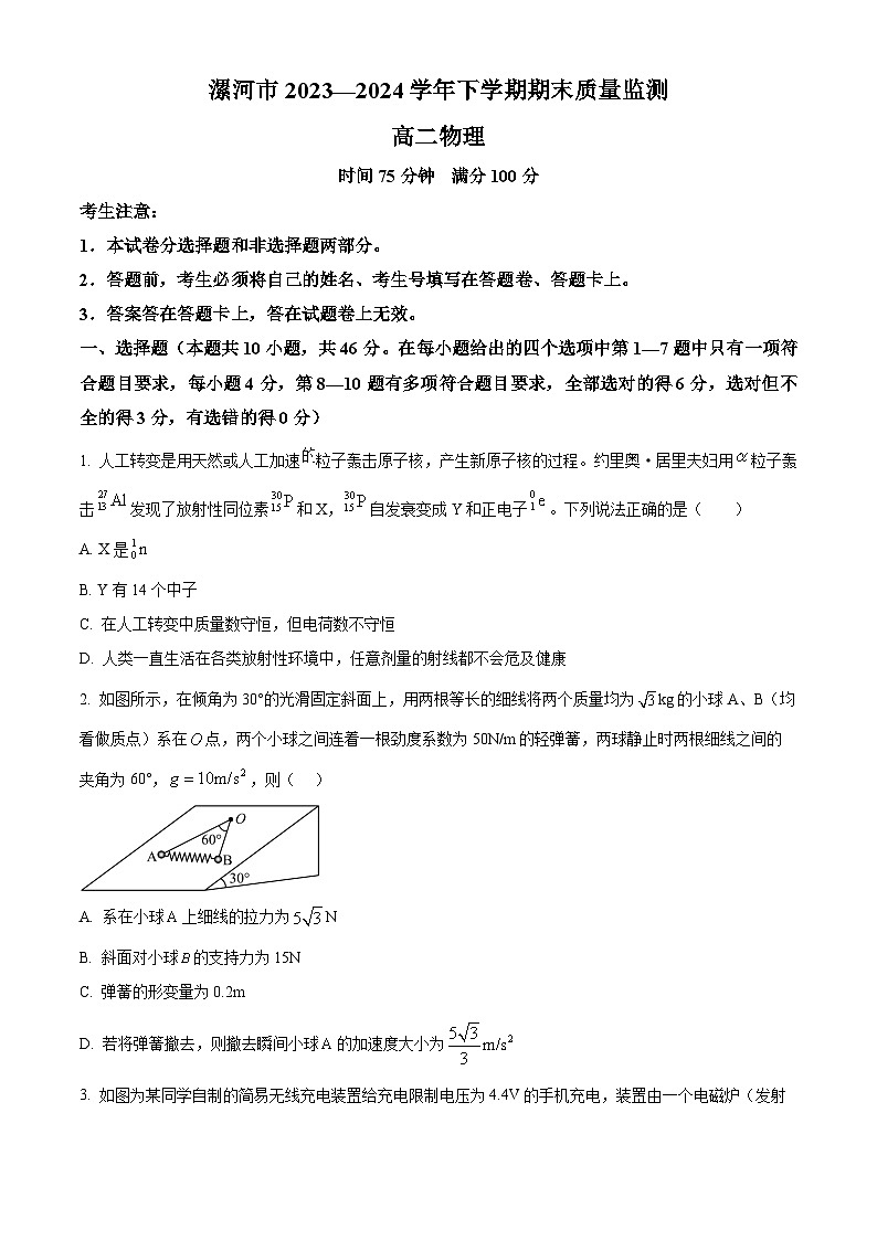 河南省漯河市2023-2024学年高二下学期期末考试物理试题(Word版附解析)第1页