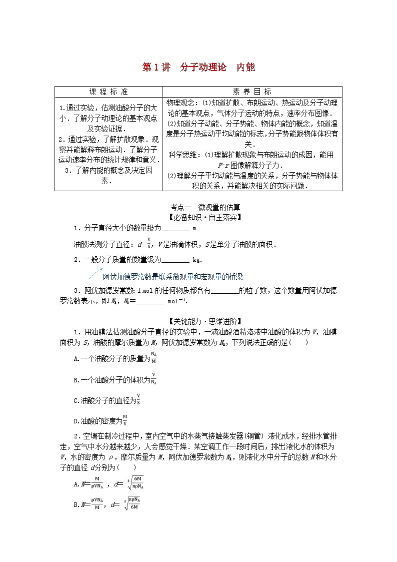 2025版高考物理全程一轮复习第十四章热学第一讲分子动理论内能学案01