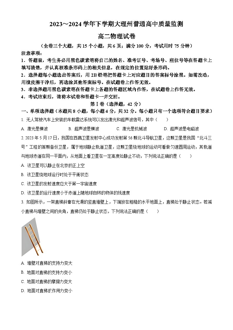 2024大理白族自治州高二下学期7月期末考试物理含解析第1页