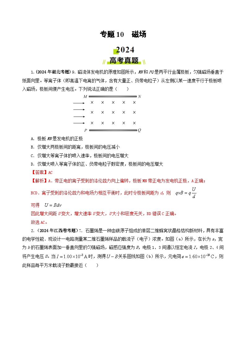 专题10 磁场-2024年高考真题和模拟题物理分类汇编（教师卷）