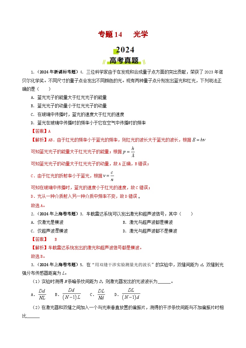 专题14  光学-2024年高考真题和模拟题物理分类汇编（教师卷+学生卷）