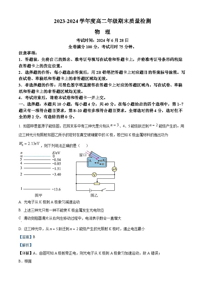 湖北省武汉市武昌区2023-2024学年高二下学期期末质量检测物理试卷(解析版)第1页