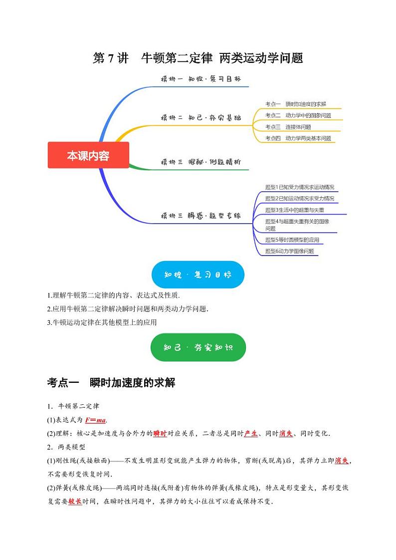 第7讲 牛顿第二定律 两类运动学问题(教师版) 2025届高考物理一轮复习考点精讲精练(全国通用)第1页