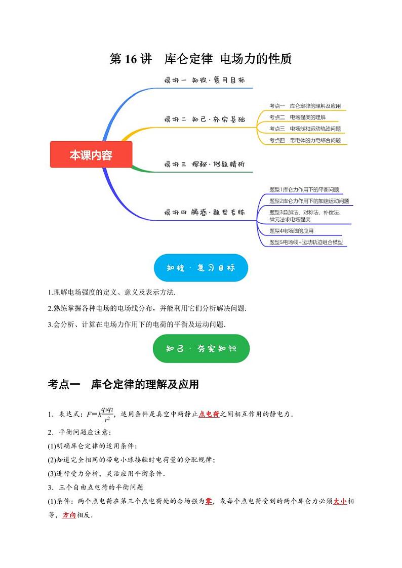 第16讲 库仑定律 电场力的性质(学生版) 2025届高考物理一轮复习考点精讲精练(全国通用)第1页