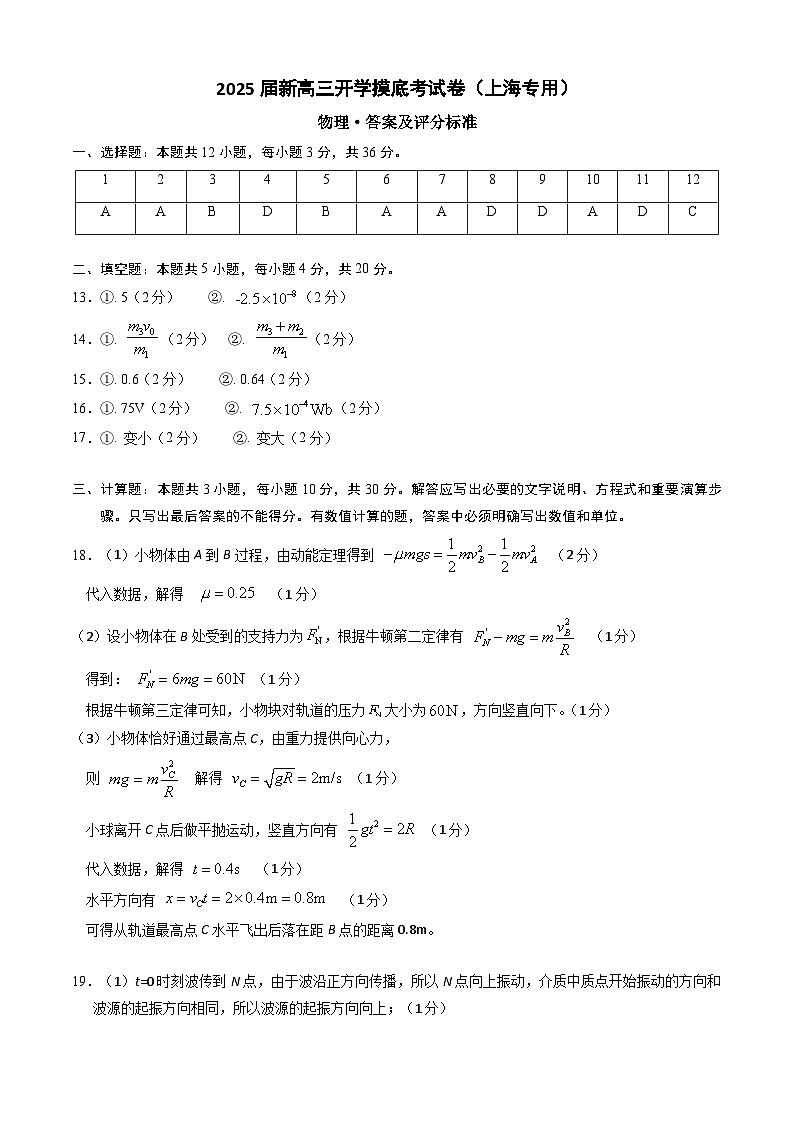 物理(上海专用)(答案及评分标准)第1页