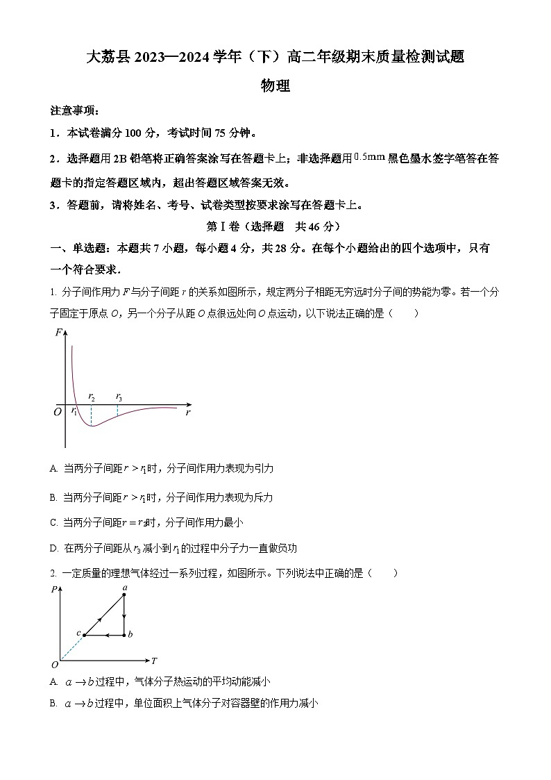 陕西省渭南市大荔县2023-2024学年高二下学期期末质量检测物理试卷(原卷版)第1页