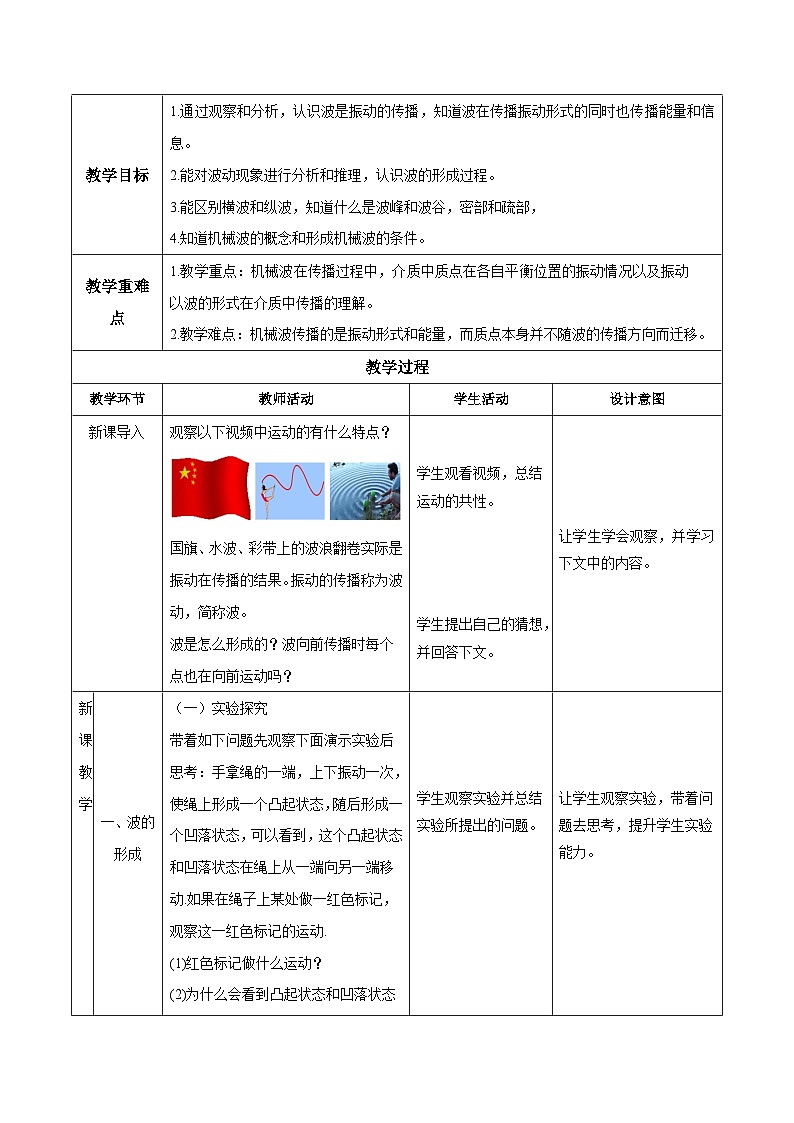 人教版(2019)高中物理选择性必修第一册 3.1《波的形成》教案02