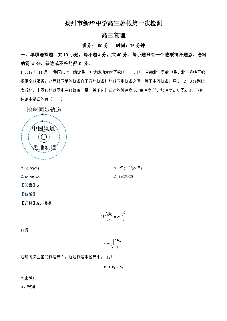 江苏省扬州市新华中学2023-2024学年高三下学期7月月考物理试题(解析版)第1页