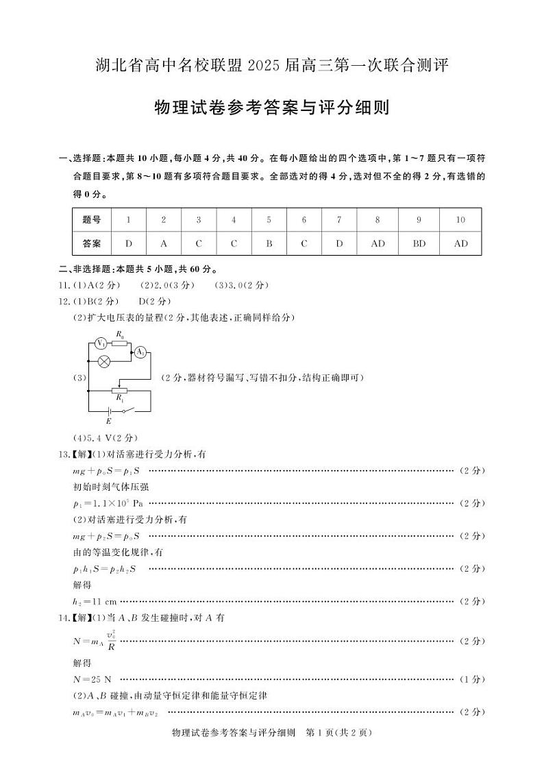 高三测评卷-物理答案第1页