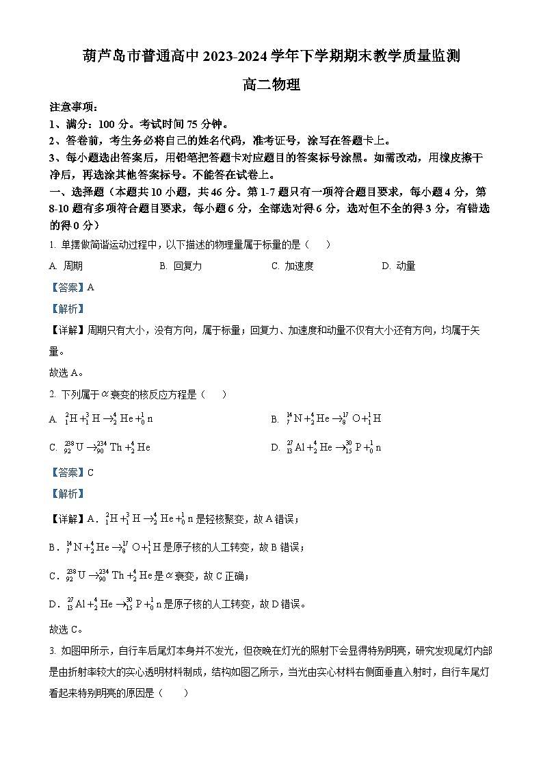 辽宁省葫芦岛市2023-2024学年高二下学期期末考试物理试卷(解析版)第1页