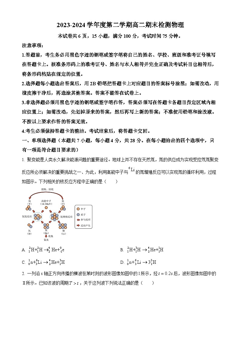 广东省韶关市2023-2024学年高二下学期期末考试物理试题(原卷版+解析版)01