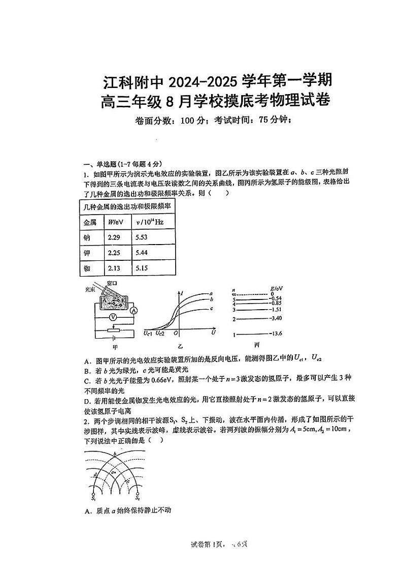 江西省南昌市江科附中2024-2025学年高三上学期+8月摸底考物理试卷第1页