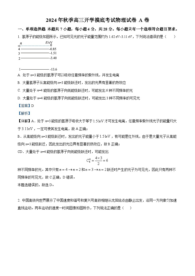 湖南省衡阳市衡阳县第二中学2024-2025学年高三上学期开学摸底考试物理试卷 A卷(解析版)第1页