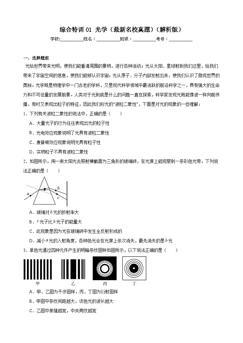 综合特训01 光学(最新名校真题)(解析版)-2025高考物理一轮新题型综合特训(上海专用)第1页