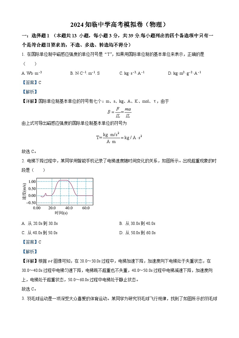 浙江省温州市乐清市知临中学2024届高三下学期模拟(三模)物理试题(Word版附解析)01