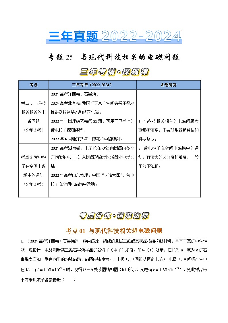 三年(2022-2024)高考物理真题分类汇编(全国通用)专题26与现代科技相关的电磁问题(解析版)01