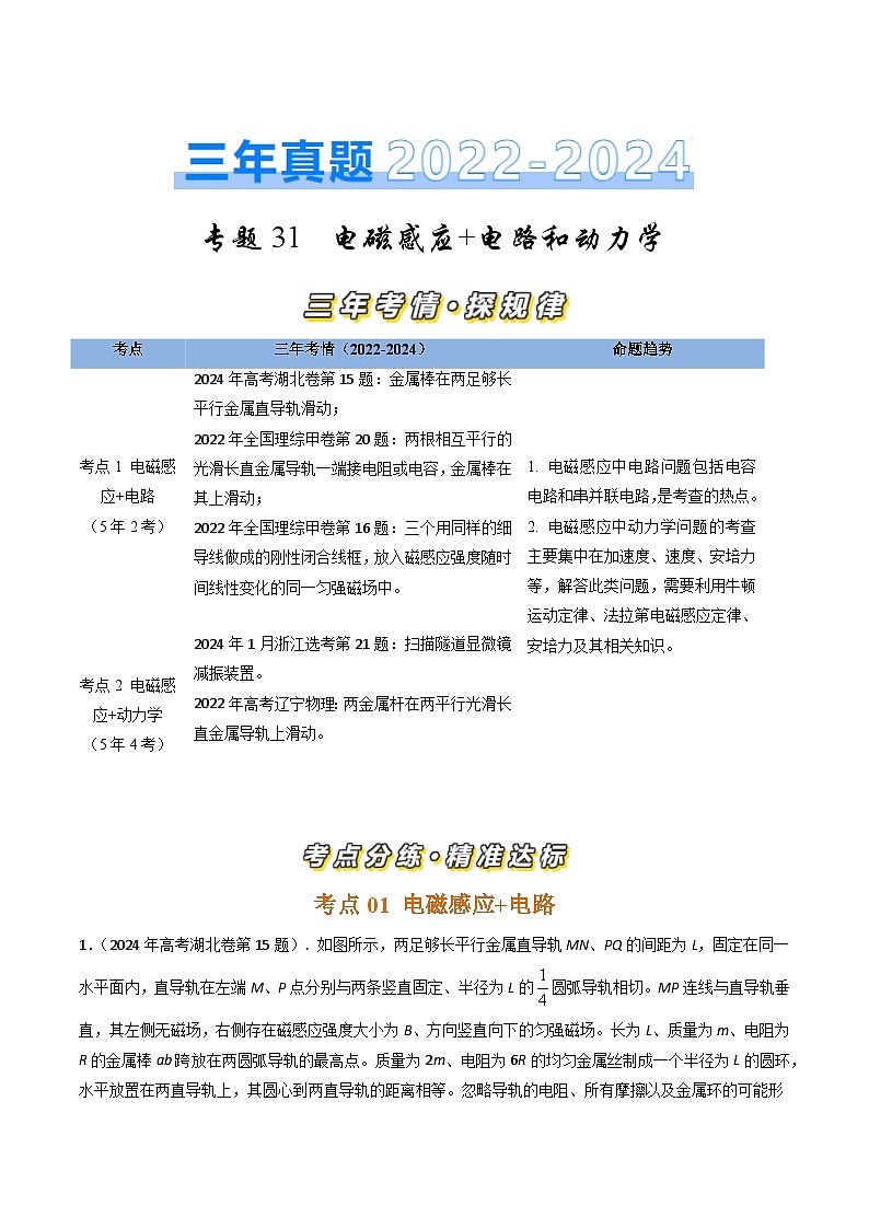 三年(2022-2024)高考物理真题分类汇编(全国通用)专题31电磁感应+电路和动力学(原卷版)01