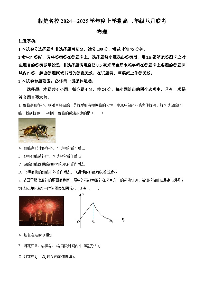 湖南省湘楚名校联考2024-2025学年高三上学期8月月考物理试题(原卷版)01