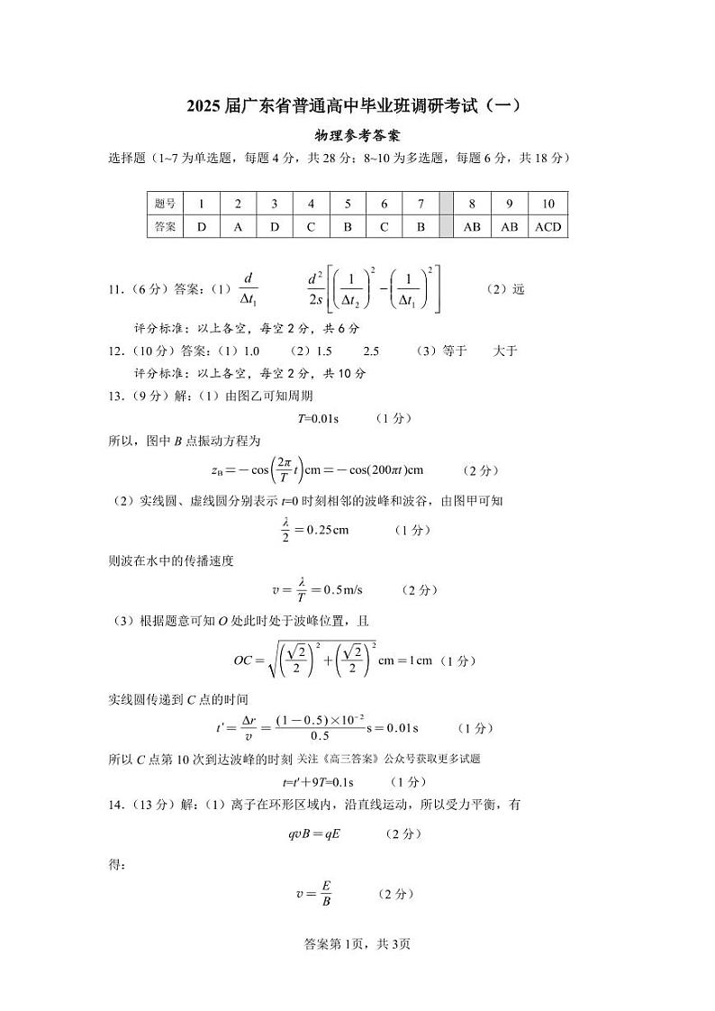广东省高考研究会:广东省2025届高三物理一调模拟卷01