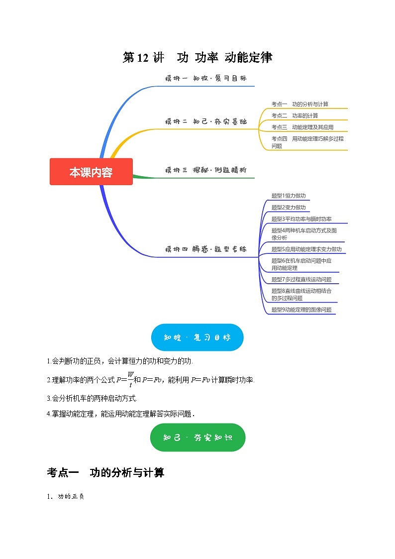 高考物理一轮复习考点精讲精练第12讲 功 功率 动能定律(2份打包,原卷版+解析版)01