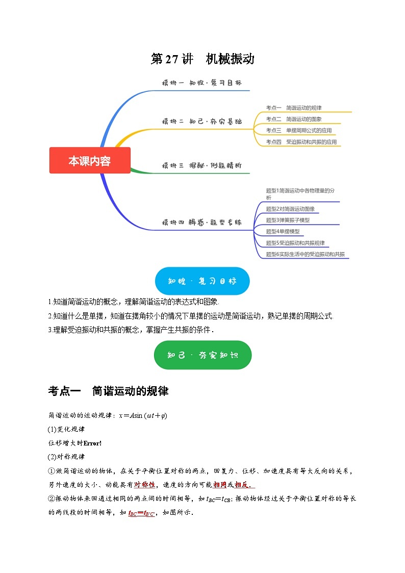 高考物理一轮复习考点精讲精练第27讲 机械振动(2份打包,原卷版+解析版)01