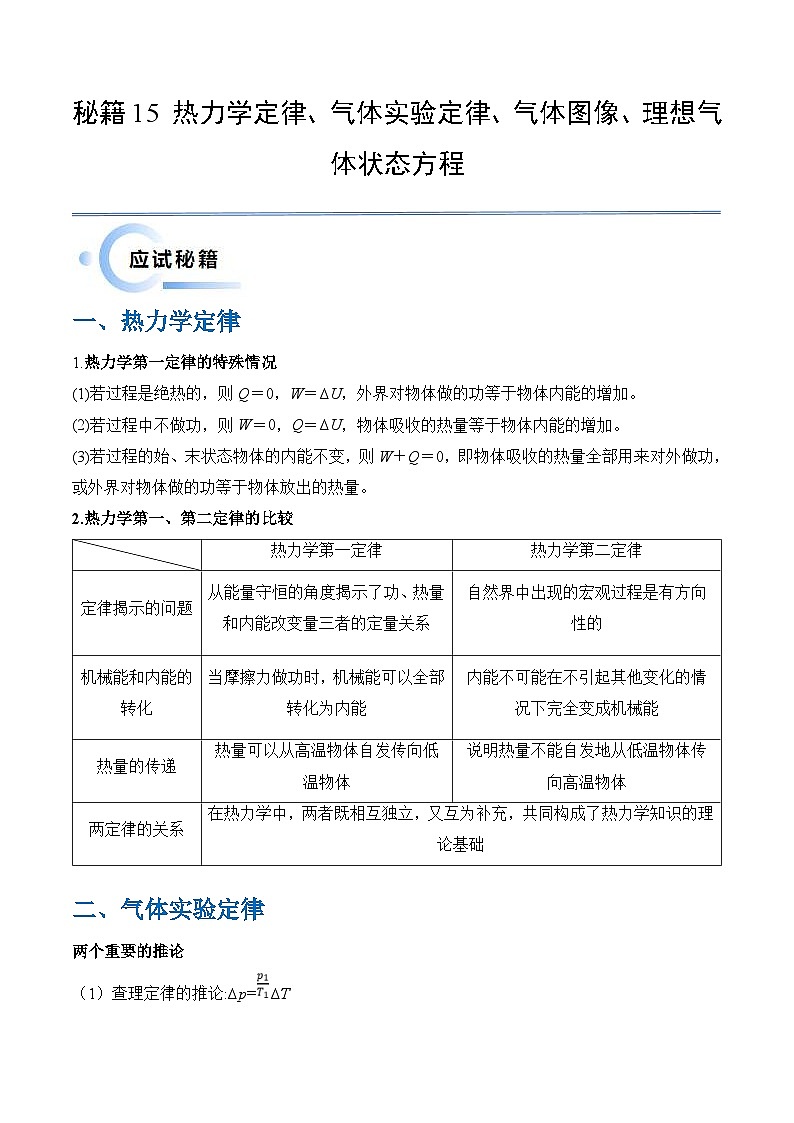 新高考物理三轮冲刺练习秘籍15 热力学定律 气体实验定律 气体图像 理想气体状态方程的综合应用(2份打包,原卷版+解析版)01