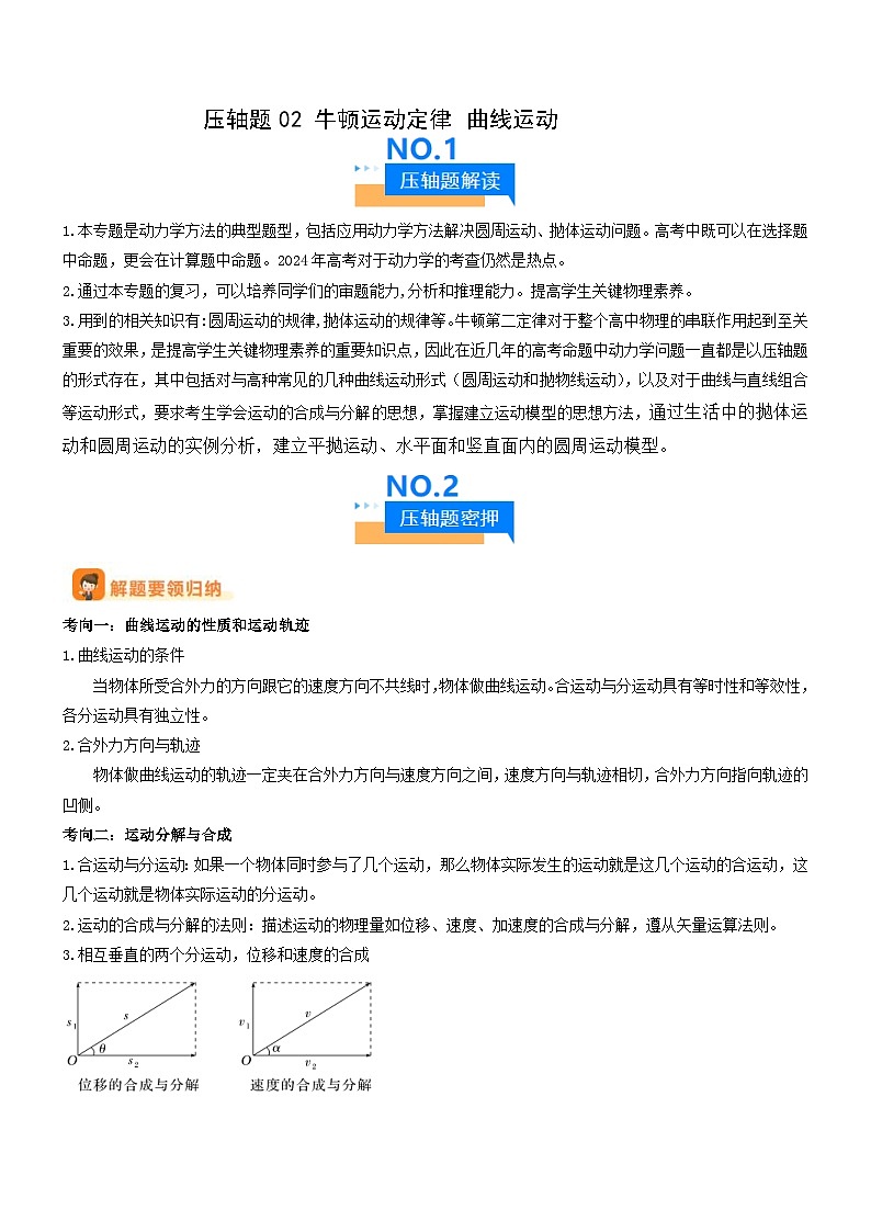 新高考物理三轮冲刺专项训练压轴题02 牛顿运动定律 曲线运动(原卷版)第1页