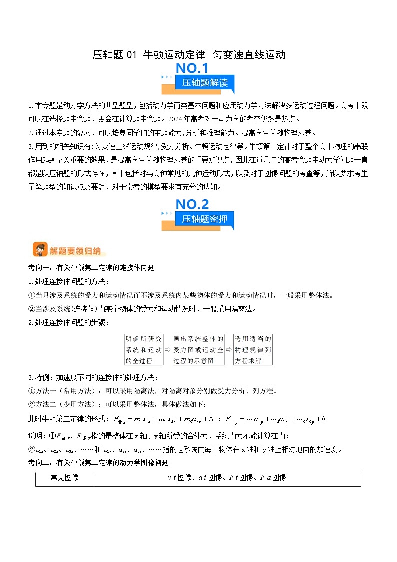 新高考物理三轮冲刺专项训练压轴题01 牛顿运动定律 匀变速直线运动(2份打包,原卷版+解析版)01