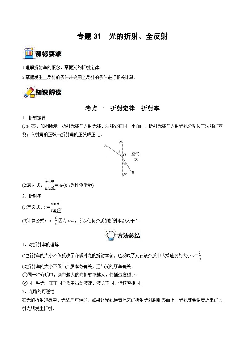 新高考物理一轮复习重难点练习专题31 光的折射、全反射(解析版)第1页