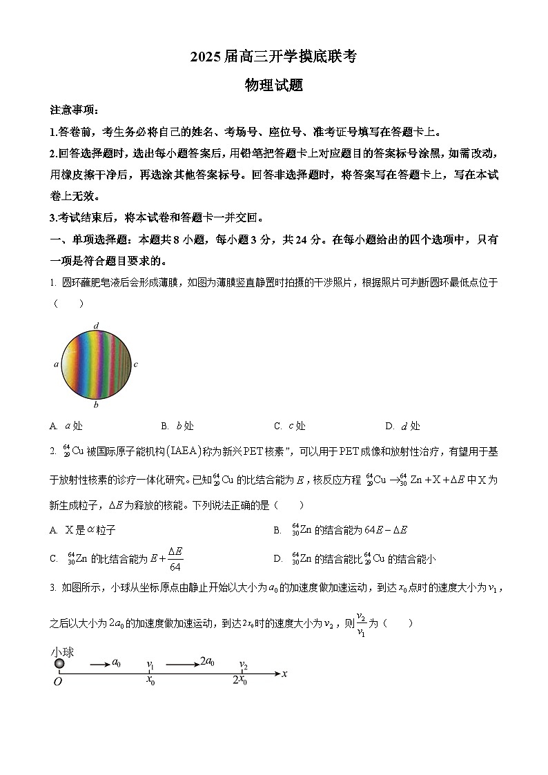 山东省菏泽市曹县2024-2025学年高三上学期开学联考物理试题(原卷版)第1页