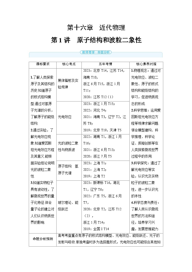 2025年高考物理精品教案第十六章 近代物理 第1讲 原子结构和波粒二象性第1页
