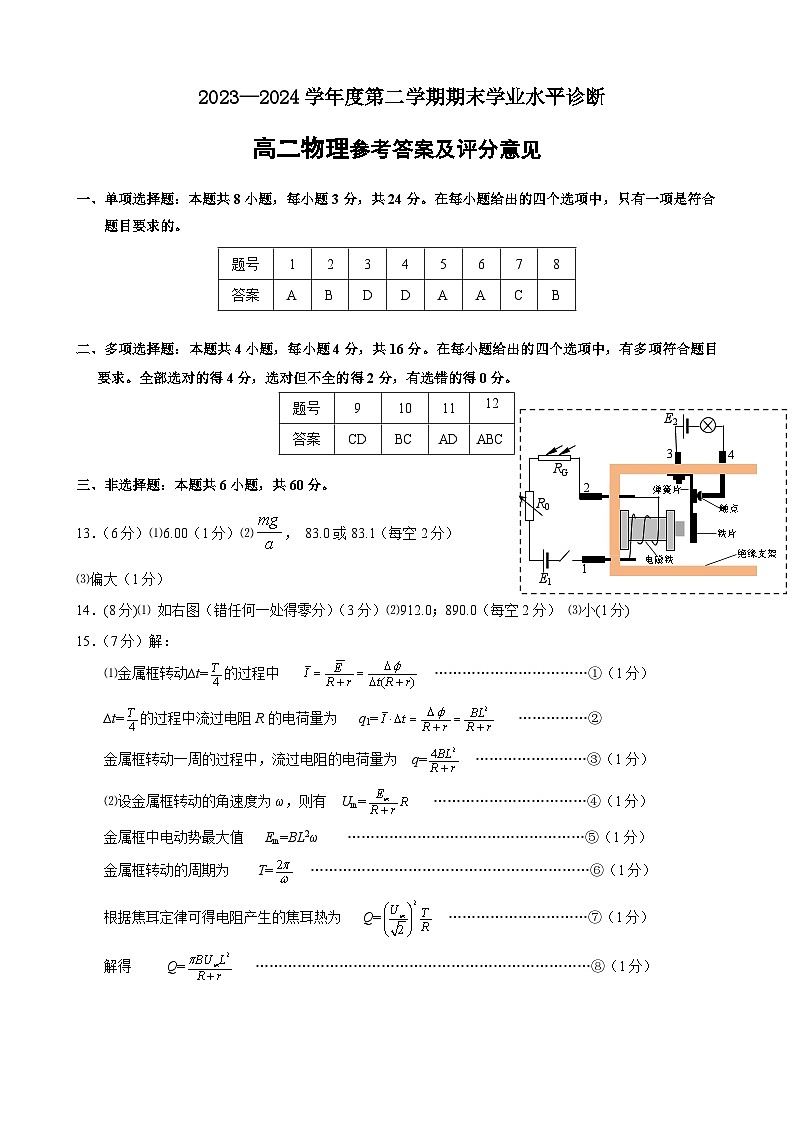 山东省烟台市2023-2024学年高二下学期期末考试物理试题01