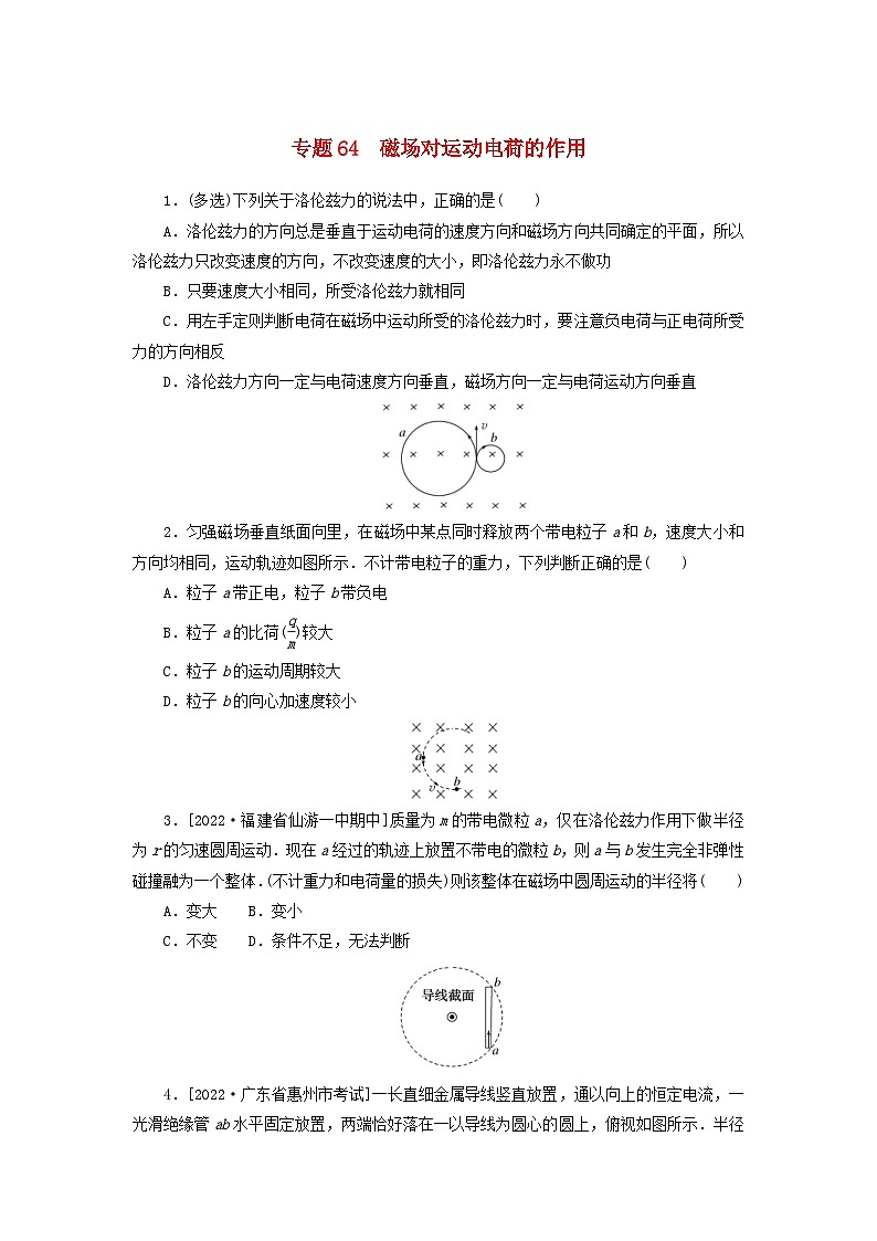新高考物理一轮复习考点巩固练习专题64磁吃运动电荷的作用(含解析)第1页
