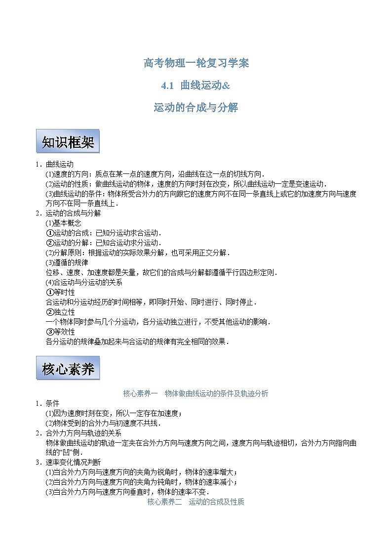 新高考物理一轮复习学案 4.1 曲线运动 运动的合成与分解(含解析)第1页