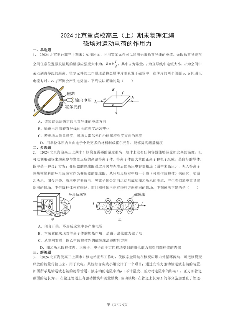 [物理]2024北京重点校高三上学期期末真题分类汇编：磁场对运动电荷的作用力