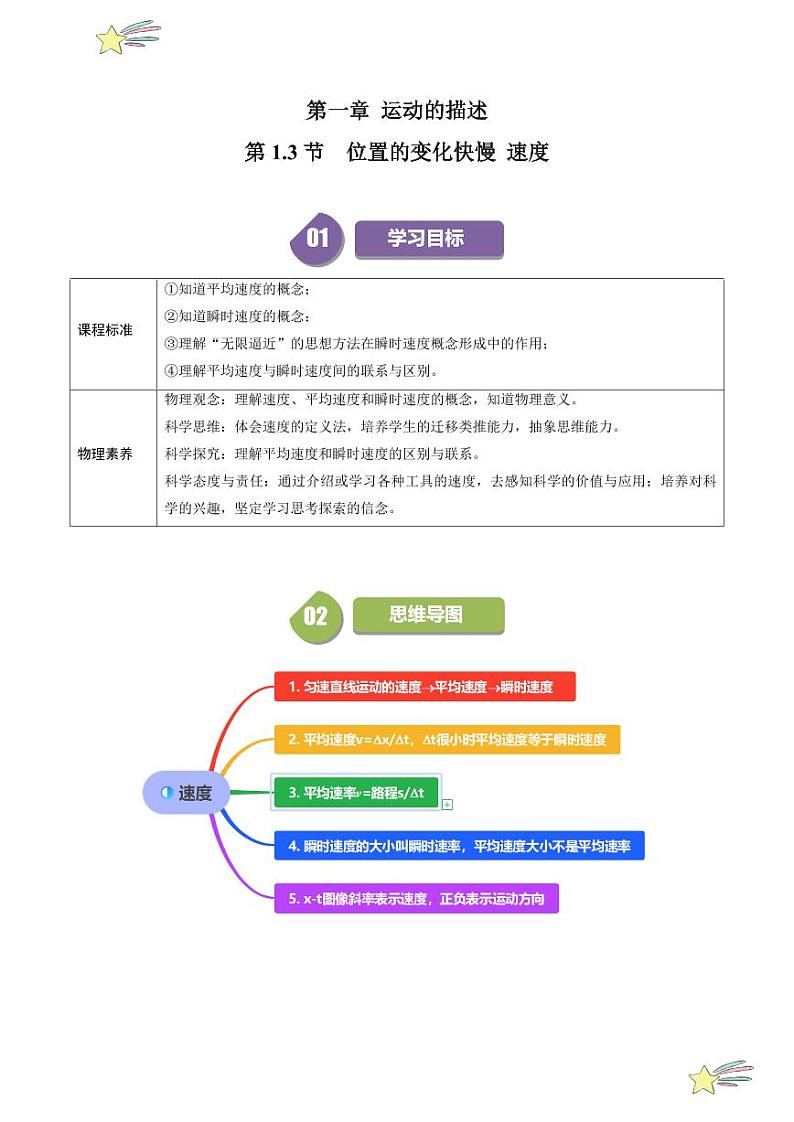 第1.3节 位置变化的快慢 速度(含答案) 2024-2025学年高一物理同步学与练(沪科版2020上海必修第一册)01