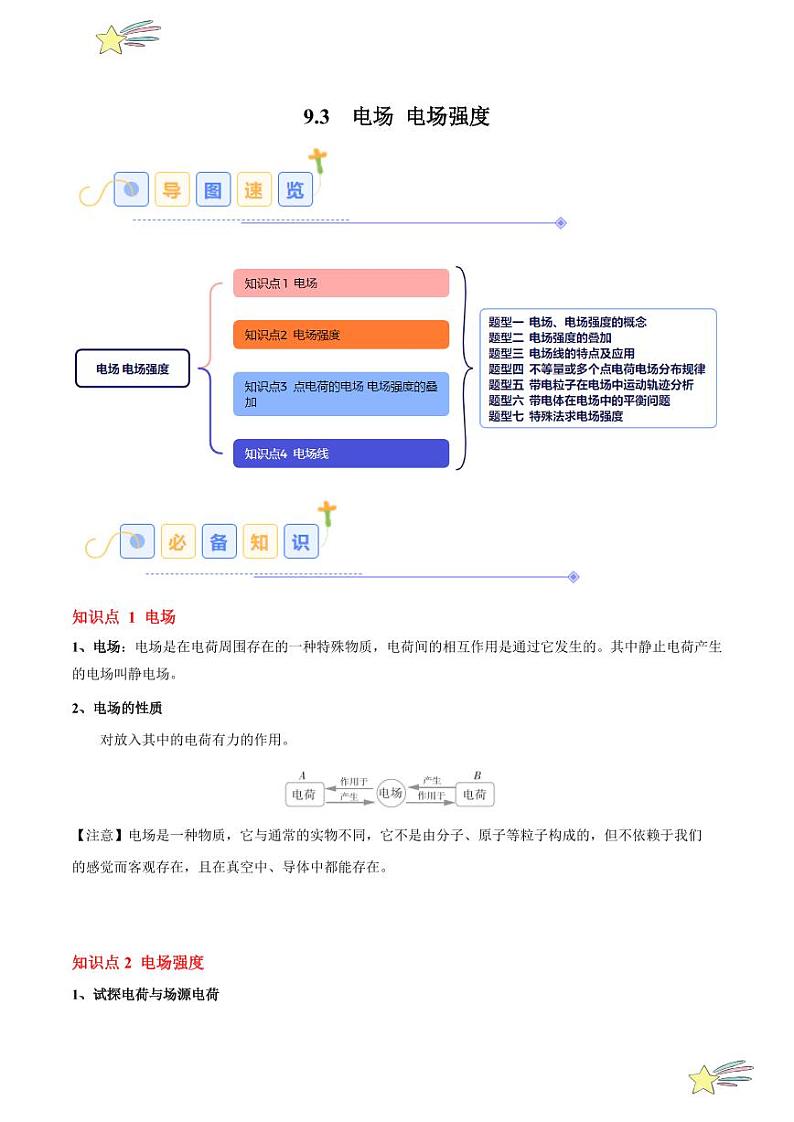 9.3 电场 电场强度(7大题型)-2024-2025学年高二物理同步题型分类讲与练(人教版2019必修第三册)(学生版)第1页