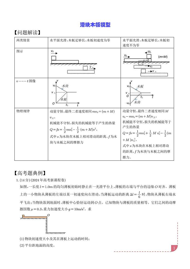 滑块木板模型--高考物理5种类碰撞模型学案-高考物理专题01