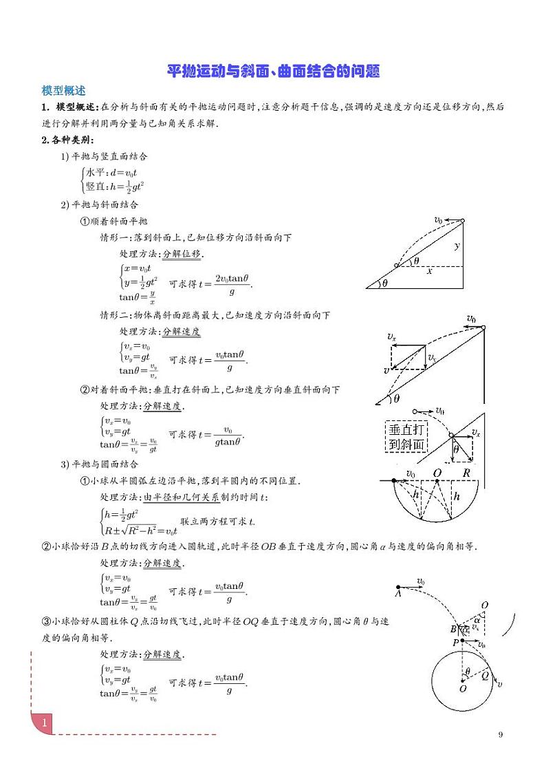 平抛运动与斜面、曲面结合的问题学案--高考物理热点模型专题01