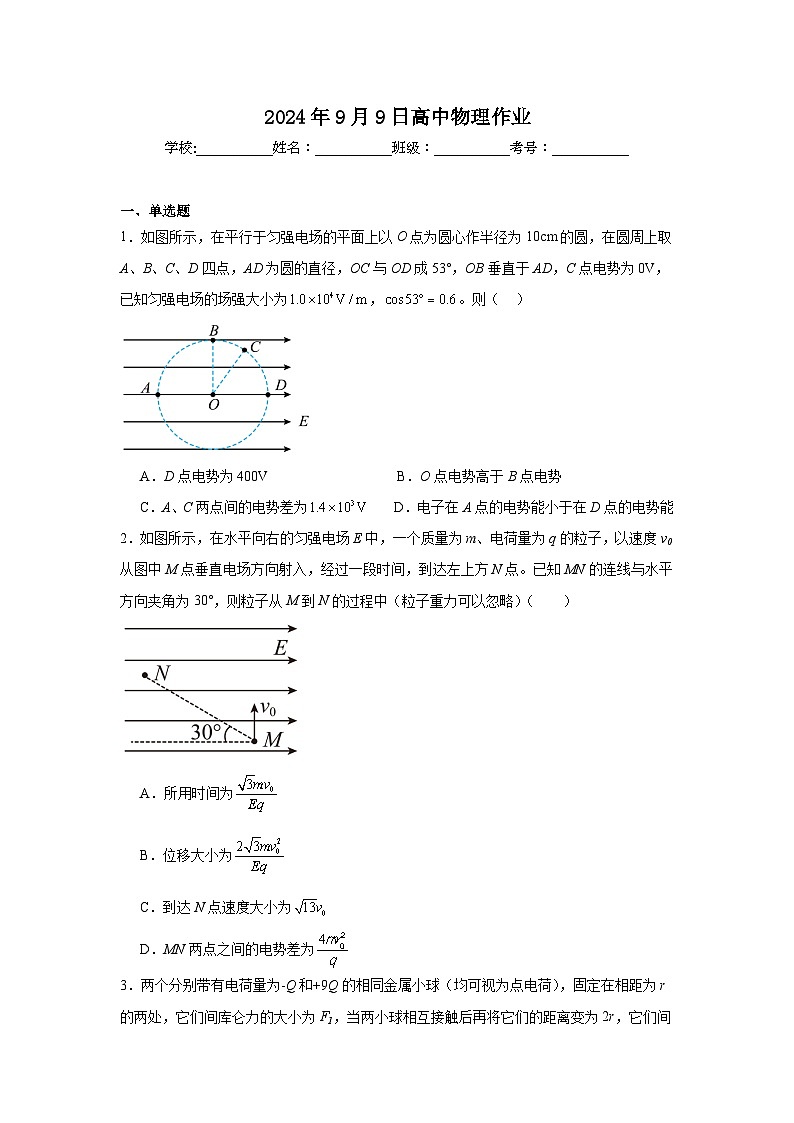 河南省开封市兰考县第二高级中学2024-2025学年高二上学期月考物理试卷01