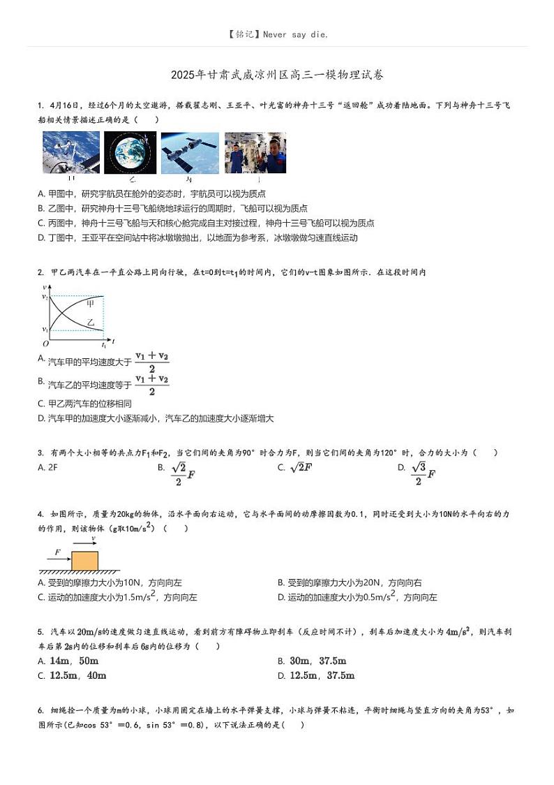 2025年甘肃武威凉州区高三一模物理试卷(原题版+解析版)01