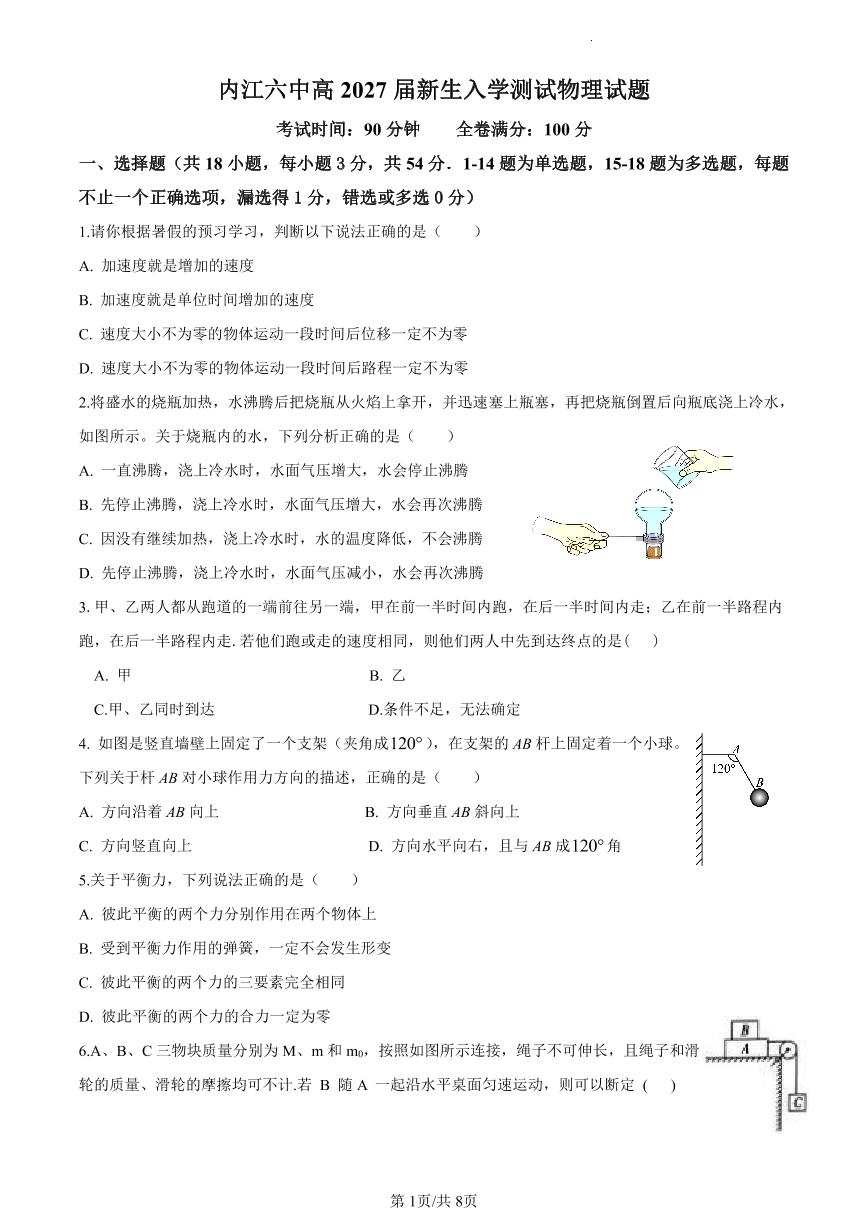 四川省内江市第六中学2024-2025学年高一上学期入学测试物理试题