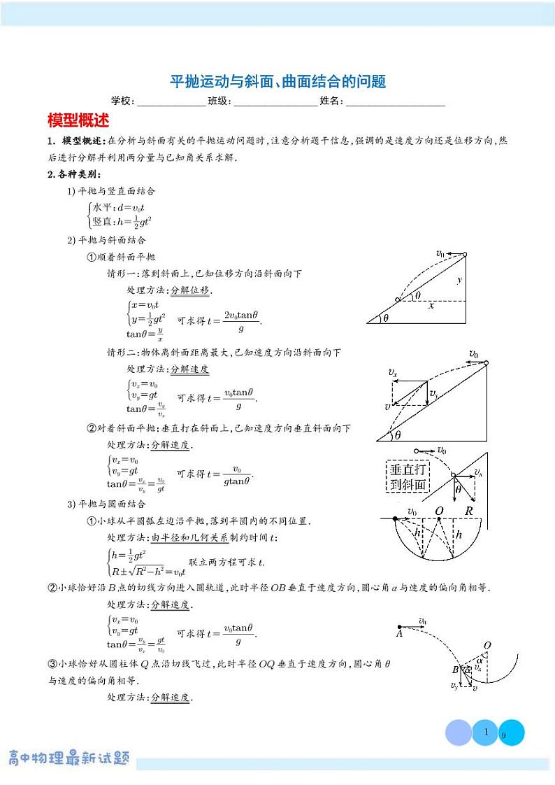 平抛运动与斜面、曲面结合的问题--2025届高考物理热点模型学案-高考物理专题01
