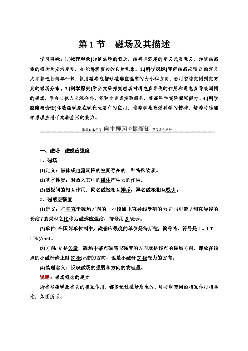 鲁科版(2019)高中物理必修第三册讲义第5章 第1节 磁场及其描述练习(含答案)01