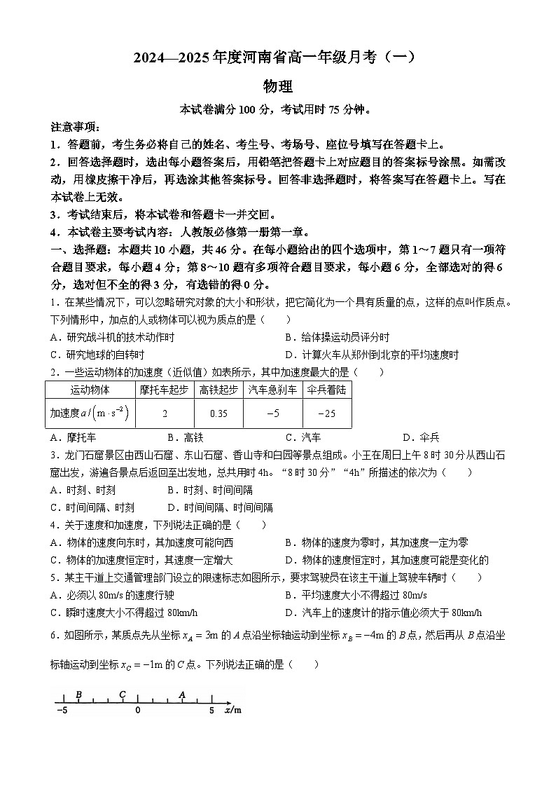 河南省部分学校2024-2025学年高一上学期月考(一)物理试题01