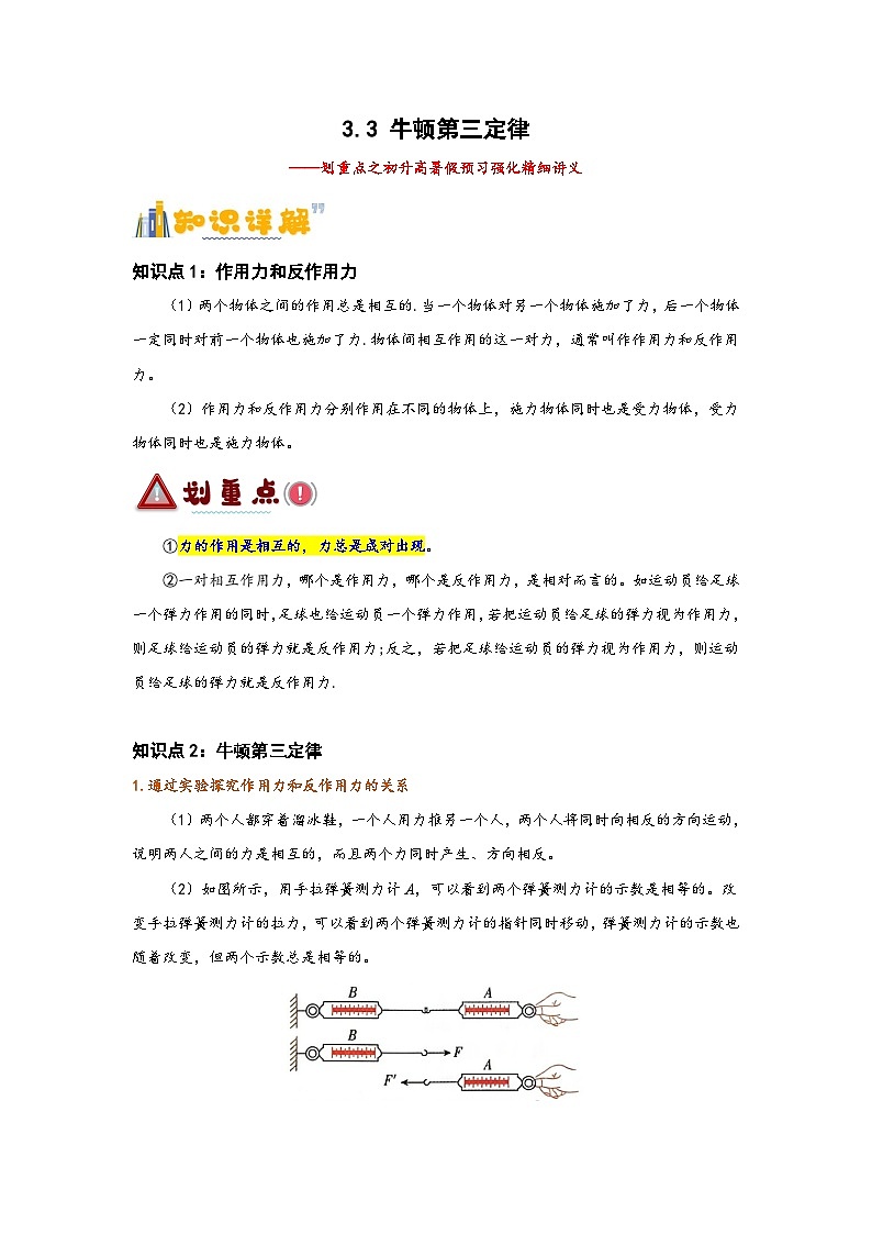 3.3 牛顿第三定律(讲义) -2024-2025年初升高物理讲义(人教版2019必修第一册)01