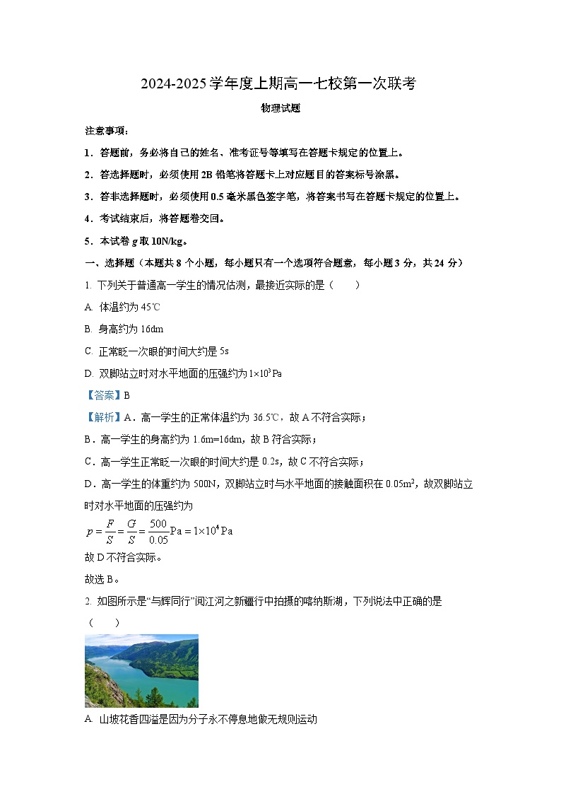 [物理]重庆市七校2024-2025学年高一上学期开学考试试题(解析版)