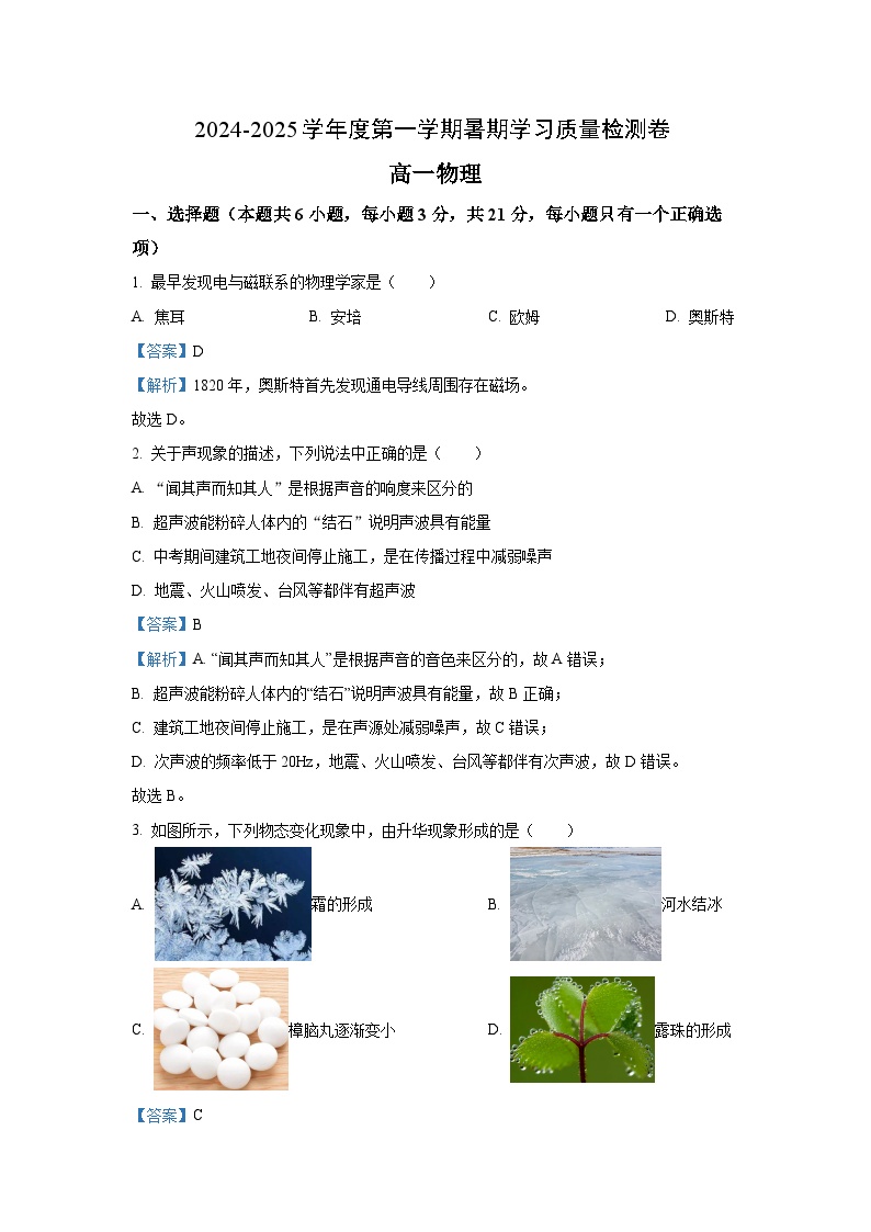 [物理]甘肃省武威市凉州区2024-2025学年高一上学期暑期学习质量检测(开学考)试卷(解析版)